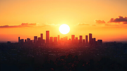 Naklejka premium A city skyline is silhouetted against a vibrant orange sunset. The sun is setting directly behind the tall buildings, casting long shadows across the cityscape.
