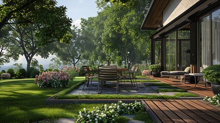 Obraz premium Patio seating for lawns and decks of farm houses fitted with a dining set and chairs