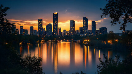 Fototapeta premium A city skyline reflects in a calm lake at dusk with a fiery sunset.