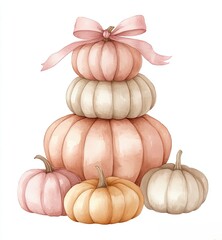 Stacked pastel pumpkins with pink bows illustration, Watercolor illustration of stacked pastel-colored pumpkins tied with pink bows, perfect for autumn, fall, or Halloween decor themes.
