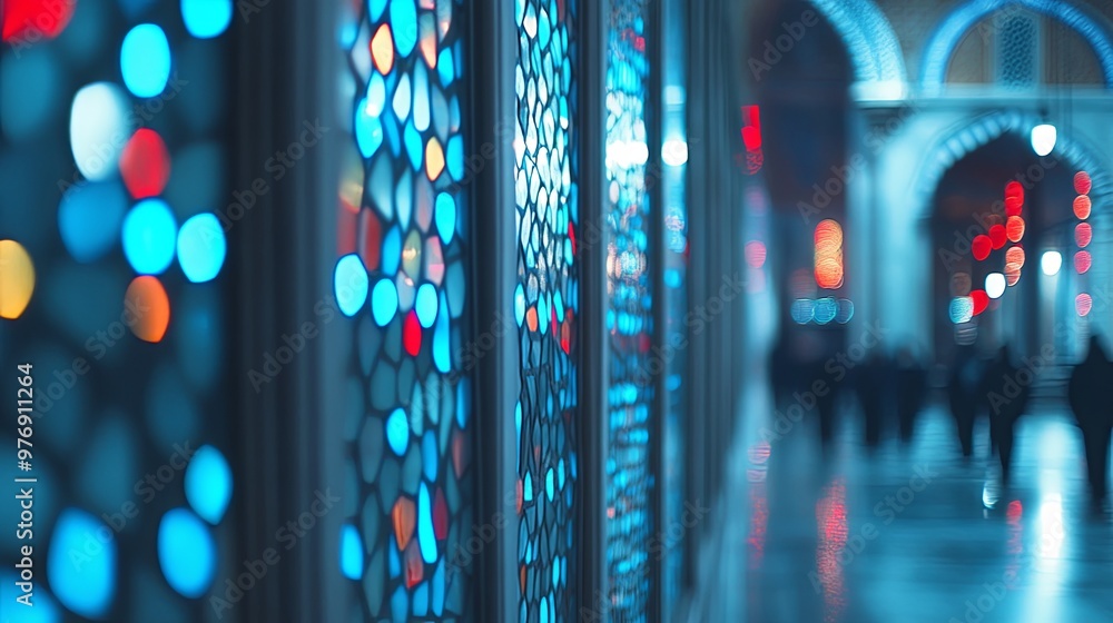Poster a vibrant corridor with colorful stained glass windows, creating a mesmerizing atmosphere in a bustl