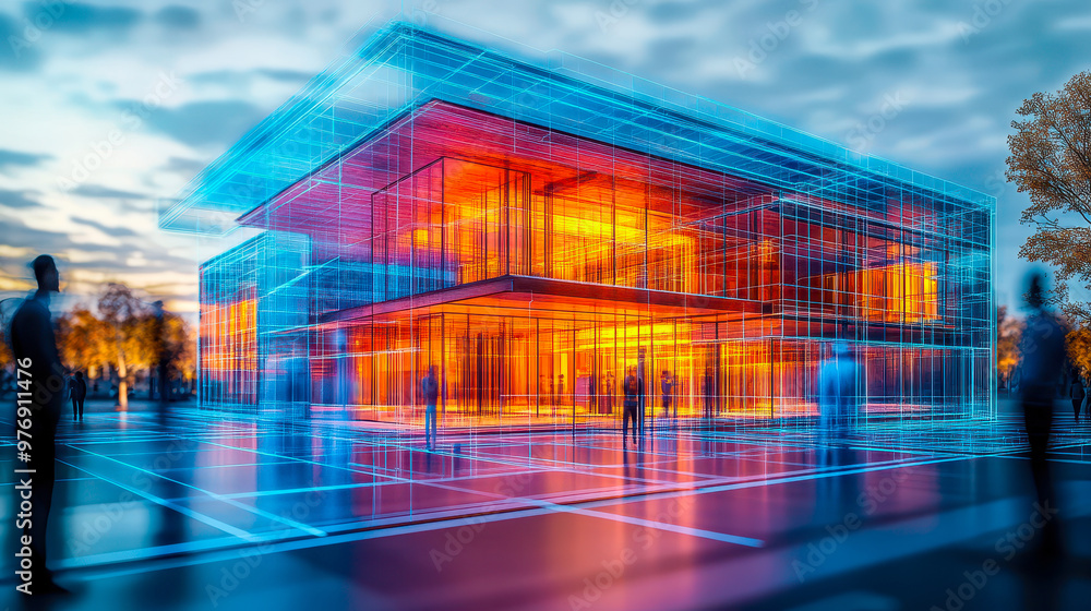 Poster innovative architects and engineers collaborating with digital building information modeling (bim) t