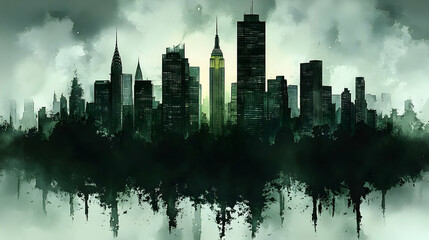 A city skyline with a green overlay, reflecting the natural world taking over.