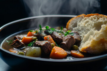 beef stew with carrots and potatoes and crusty bread