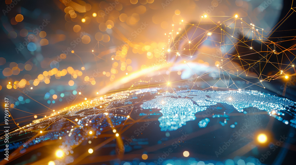 Poster global information network concept with digital data connections and technology elements on a world 