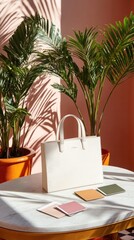 Fototapeta premium This setup features an organic cotton tote bag alongside blank cards and a plant in a vase, creating a minimalistic workspace ideal for branding presentations