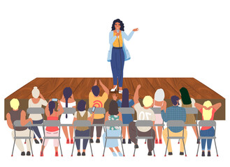 Young woman holding public speech talking in microphone and gesturing with hand on rural stage front of people audience vector illustration