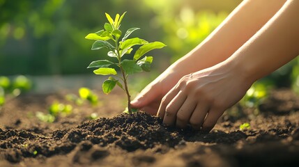 Fototapeta premium Close-up of hands planting a young tree in soil, sunlight beams on the plant and hand, blurred background with a garden bed full of green plants and trees on a sunny day
