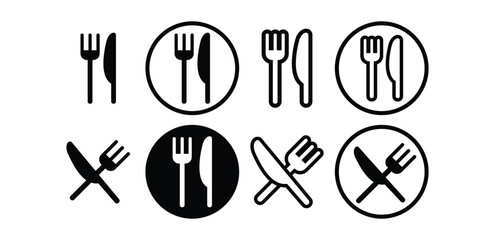 set of fork and knife icon symbol sign vector design black white color simple flat illustration 
