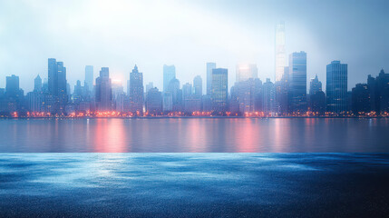 Obraz premium Misty Morning City Skyline Reflected in Urban Waterfront with Soft Blue Tones and Glowing Lights, Modern Cityscape Wallpaper for Calm and Reflective Atmosphere