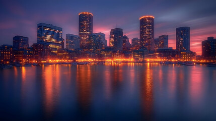 Fototapeta premium A city skyline with skyscrapers lit up at dusk, reflected in the water of a harbor.