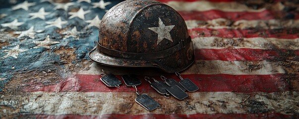 An evocative military-themed still life with a battered helmet resting on a folded American flag, dog tags laid across the flag, conveying a deep sense of history and honor associated with vintage