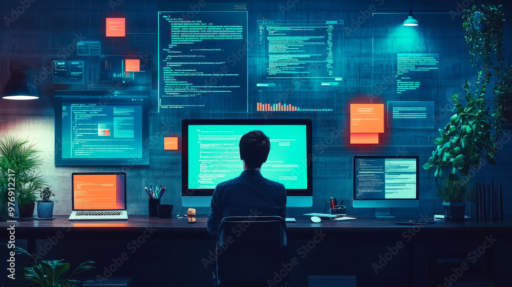 Poster web developer optimizing meta tags and headings in modern office at night, focused on on-page optimi