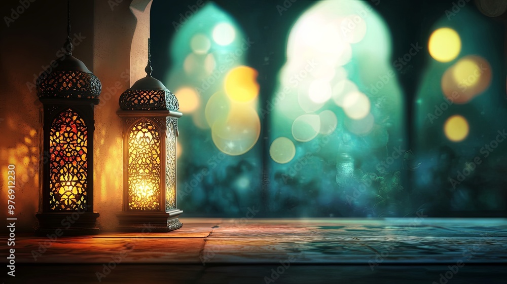 Poster a serene scene featuring ornate lanterns casting a warm glow in a mystical, softly illuminated envir