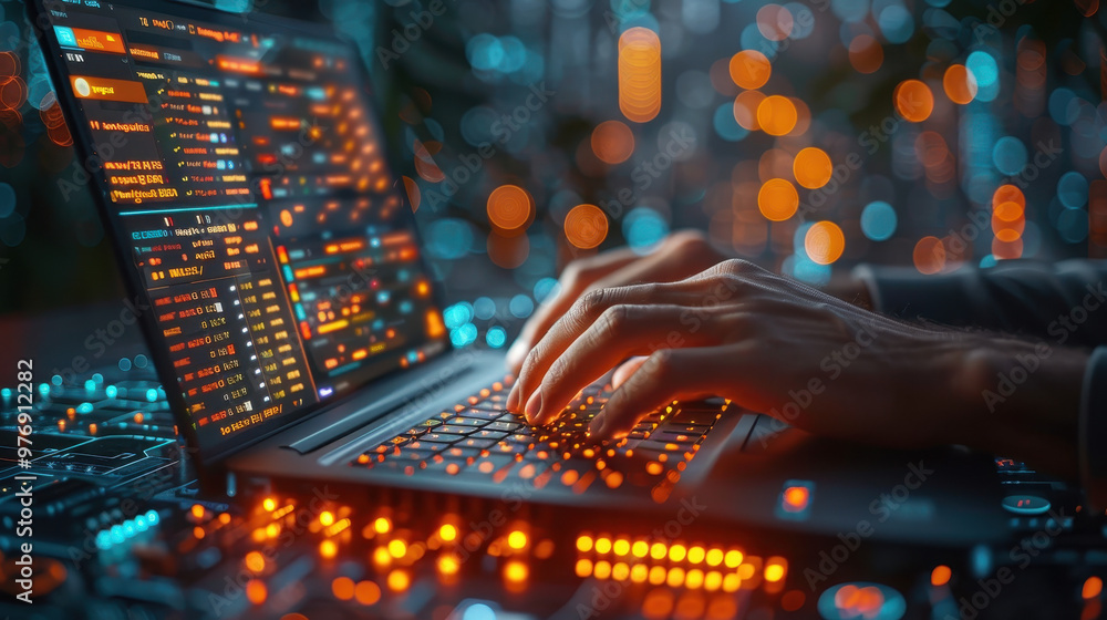 Poster software engineer coding on laptop with innovation technology interface, digital transformation and 