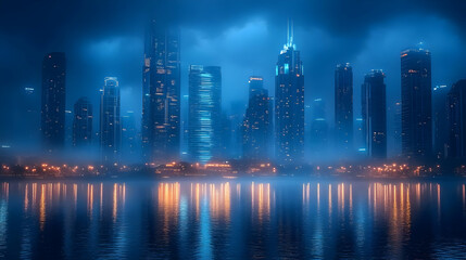 Fototapeta premium A city skyline with tall buildings lit up at night, with a reflective lake in the foreground.
