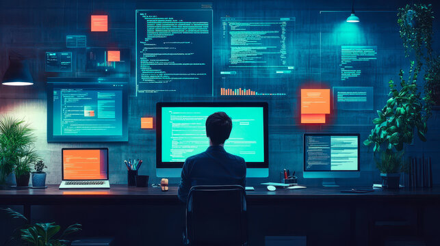 Web Developer Optimizing Meta Tags and Headings in Modern Office at Night, Focused on On-Page Optimization Techniques and AI Integration for Increasing Website Performance and Search Engine Rankings