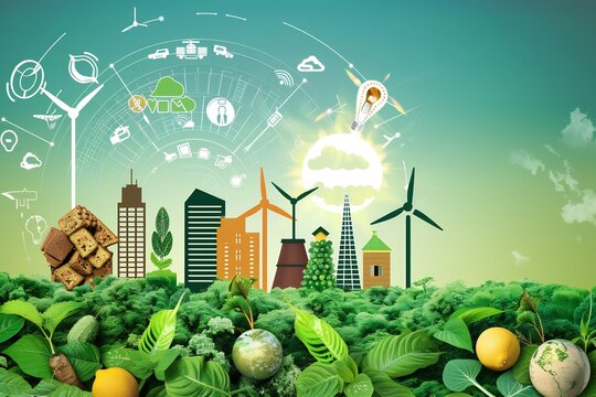 Depiction of sustainable practice food service where integration of green building practice water conservation renewable energy source creates ecofriendly dining environment illustrated abstract