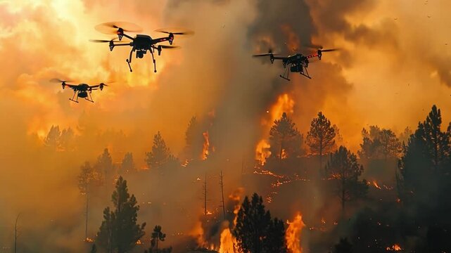 Aerial view of a drone surveying wildfires at sunset, with smoke and flames rising into the sky over a forest fire and drones surveying areas affected by the wildfires.