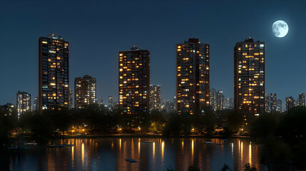 Obraz premium A cityscape at night with tall apartment buildings lit up and reflecting in a calm lake with a full moon in the sky.