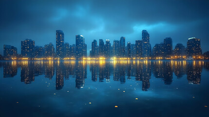 Fototapeta premium A cityscape at night, with skyscrapers reflecting in the water.
