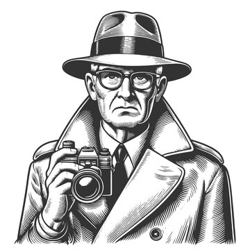 recommend clip art: Old serious detective or paparazzi with camera sketch engraving generative ai fictional character raster illustration. Scratch board imitation. Black and white image.