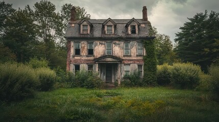 The abandoned colonial house, engulfed by nature, tall shrubs, weathered walls, eerie atmosphere, and traces of historical decay, stood frozen in time.