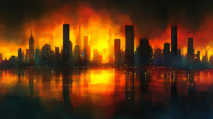 A cityscape is engulfed in flames, casting an orange glow over the water.