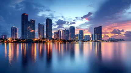 Fototapeta premium A cityscape of high-rise buildings along the waterfront at dusk with colorful clouds reflected in the water.