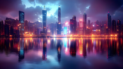 Fototapeta premium A cityscape of Hong Kong at night, with skyscrapers illuminated by colorful lights reflected in the water.