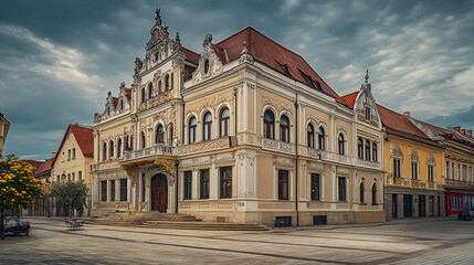 Fototapeta premium A historical city hall with grand facade and traditional elements.