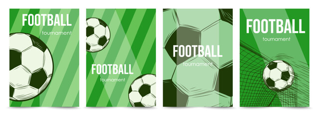 Creative football championship background set with ball and gate. Vector design templates of soccer poster, sport cards in green theme. Concept of sports event promotion. Copy space. a4
