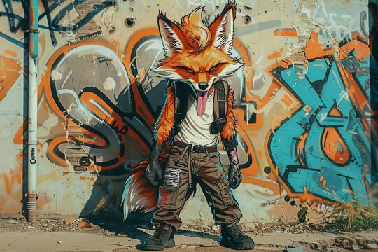 A pop art painting of a rude fox with messy and orange spiky hair