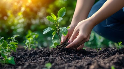 Close-up of hands planting a young tree in soil, sunlight beams on the plant and hand, blurred background with a garden bed full of green plants and trees on a sunny day