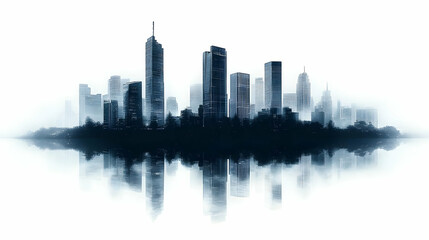 A cityscape silhouette with a reflection in water, creating a hazy, dreamlike effect.