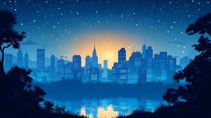 Fototapeta premium A cityscape silhouette with a sunrise over a calm lake, with a starry sky and trees on either side.