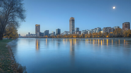 Obraz premium A cityscape skyline at dusk reflected in a calm river with a sliver of moon in the sky.