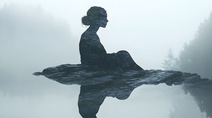 mountain ridge, expansive view, solitude, peace, reflection, close up, focus on, copy space, cool tones, dramatic shadows, Double exposure silhouette with a person sitting