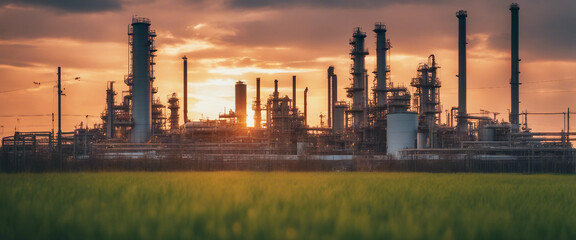 Naklejka premium Industrial oil refinery plant processing fuel with green grass and sunset sky
