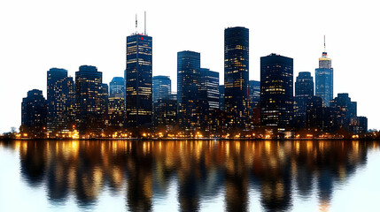 Obraz premium A cityscape skyline with tall buildings at night with reflections in the water.
