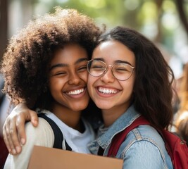 Two diverse girls hugging in the park. Diverse multi ethnic girls friends playing together outdoor.