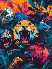 A dynamic pop art style collage of local wildlife species in action, with bold, contrasting colors, emphasizing the energy and diversity of the ecosystem.