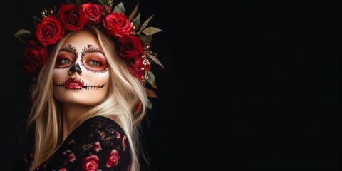 Portrait of a Woman with sugar skull makeup and blond hair isolated on black background. Day of the dead.