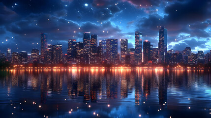 Obraz premium A cityscape with skyscrapers reflected in a calm body of water, lit by twinkling lights against a starry night sky.