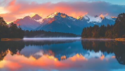 Fototapeta premium Nature Bliss: A serene mountain landscape with a lake reflecting the snowy peaks at sunrise