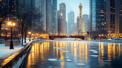 Obraz premium A cityscape with snow-covered sidewalks and a river with floating ice in the foreground, with skyscrapers and bridges in the background.
