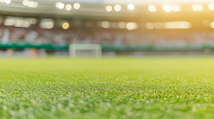 Naklejka premium A close-up view of a soccer field with blurred stadium lights in the background, emphasizing the grass texture.