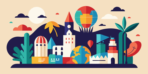Obraz premium Abstract minimalist design celebrating world tourism day with iconic landmarks