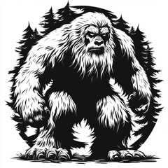 Obraz premium A black and white illustration of a large, hairy, ape-like creature known as Bigfoot, standing with its fists clenched and its teeth bared, in front of a forest backdrop.