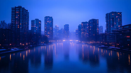 Fototapeta premium A cityscape with tall buildings reflected in a calm river during twilight, with a blue and purple sky.